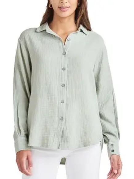 Anthropologie Splendid Ava Cotton Gauze Button-Up Shirt In Sage Green Size Med